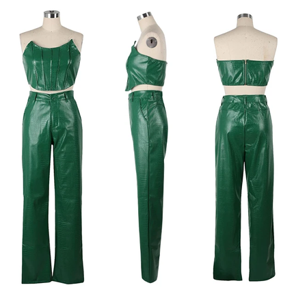PU Leather 2 Piece Set for Women Sleeveless Vest Straight Pants