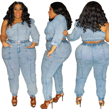 Plus Size One Shoulder Denim Set Women Light Blue Washed Jeans Outfit