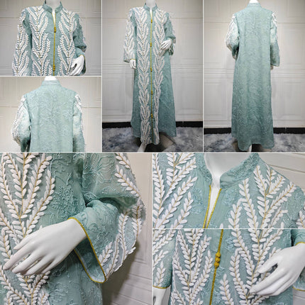 Embroidered Mesh Abaya Dress for Women Breathable Ramadan Jalabiya
