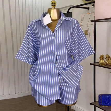 Women’s Blue White Striped Shirt and Wide Leg Shorts Summer Set