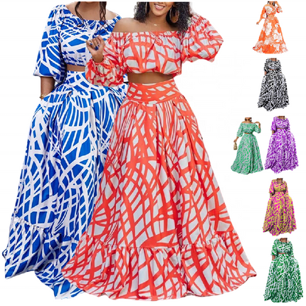Women’s Printed Two Piece Set Short Top and Maxi Skirt Spring Outfit