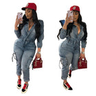 Trendy Washed Denim Cargo Jumpsuit for Women Elastic Long Sleeve