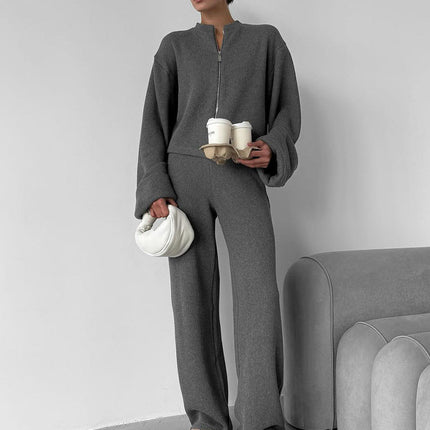 Women's Autumn Winter Two Piece Knitted Zipper Jacket and Wide Leg Pants Loose Fit Sweater Set