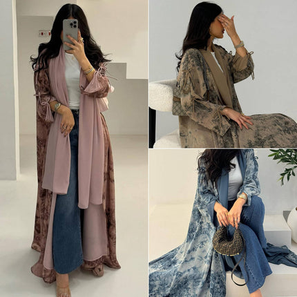 Modest Open Abaya Set for Women | Chiffon Dubai Kaftan with Scarf