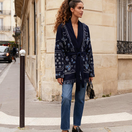 Women’s Winter Jacquard Lace-Up Lapel Tassel Cardigan Coat Jacket