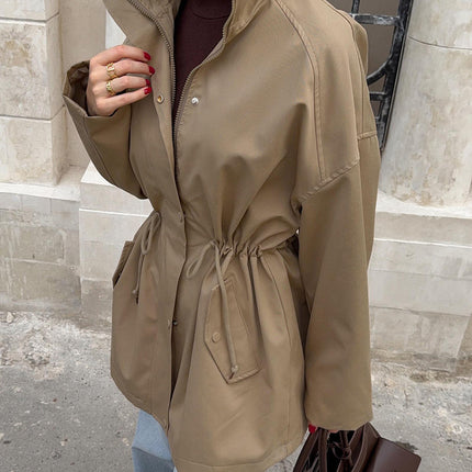 Women's Stand Collar Long Sleeve Zipper Trench Coat Casual Elegant Windbreaker