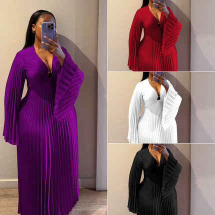 Plus Size Women’s V-Neck A-Line Dress Long Sleeve Solid Color