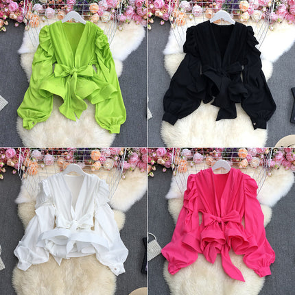V Neck Puff Sleeve Pleated Blouse for Women Ruffle Lace Up Waist