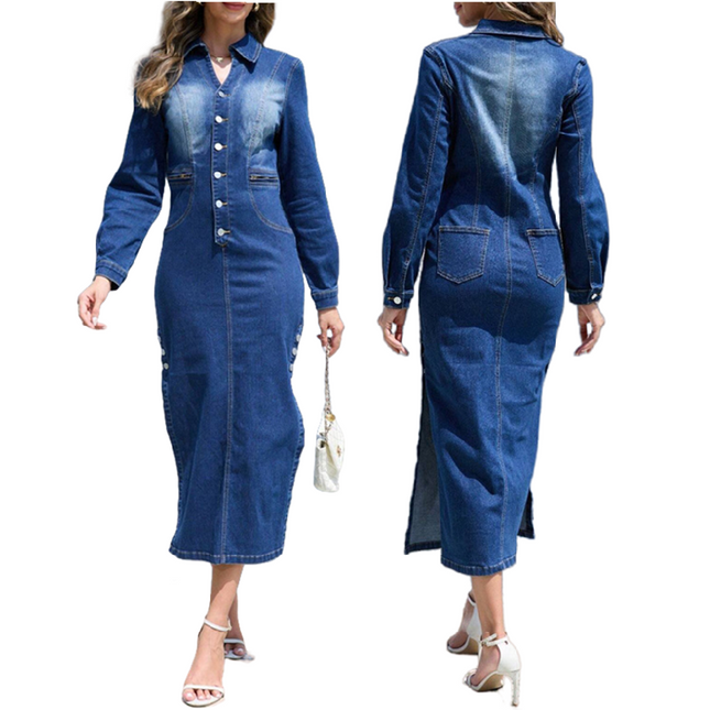 Women’s Long Sleeve Denim Maxi Dress Casual Button Down Jeans Style