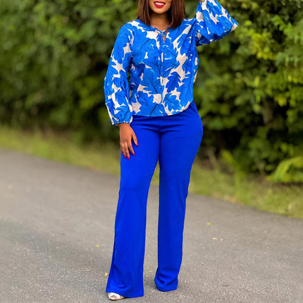 Women’s Office Two Piece Set Printed Long Sleeve Top Wide Leg Pants