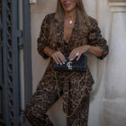 Women's Leopard Lapel Blazer and Wide Leg Pants Autumn Winter Office Suit