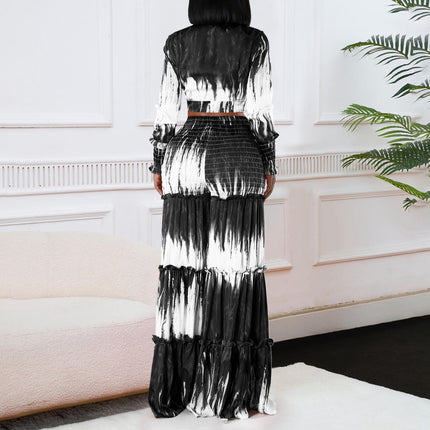 Trendy Printed Two Piece Set for Women Long Sleeve Top Wide Leg Pants