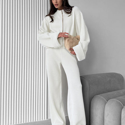 Women's Autumn Winter Two Piece Knitted Zipper Jacket and Wide Leg Pants Loose Fit Sweater Set