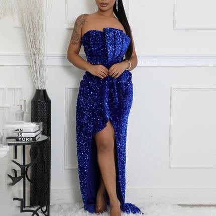 Modest Sequin Evening Maxi Dress Strapless Backless Sleeveless Party Gown