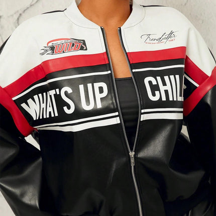 Women’s Colorblock Suede Motorcycle Jacket with Letter Graphic