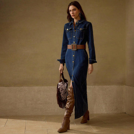 Women’s Long Sleeve Denim Maxi Dress Spring Fall Casual Office Jean