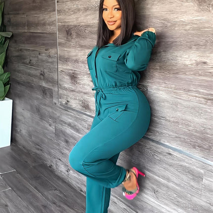 Women Solid Color Drawstring Waist One Piece Jumpsuit Slim Fit