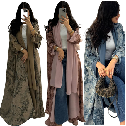 Modest Open Abaya Set for Women | Chiffon Dubai Kaftan with Scarf
