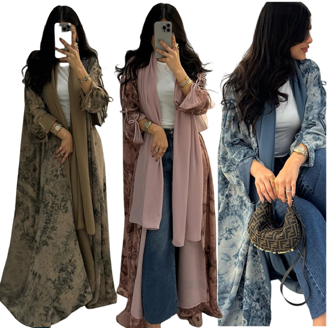 Modest Open Abaya Set for Women | Chiffon Dubai Kaftan with Scarf