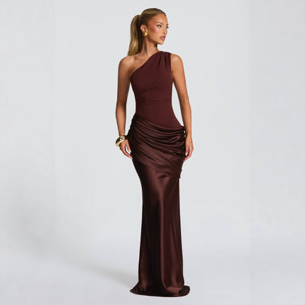 Women's One Shoulder Pleated Satin Hip Wrap Summer Evening Party Dress