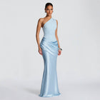 Women's One Shoulder Pleated Satin Hip Wrap Summer Evening Party Dress