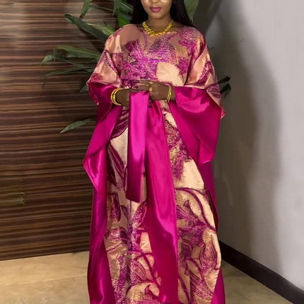 African Jacquard Abaya Dress for Women Satin Embroidered with Scarf