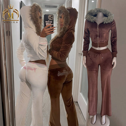 Winter Women Fur Patchwork Hooded Crop Jacket & Pants 2 Piece Set