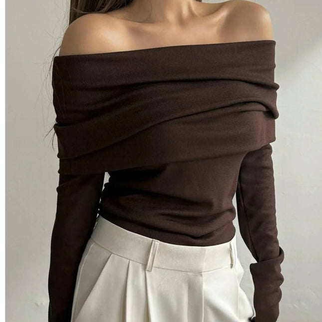 Off Shoulder Slim Fit Knit Sweater for Women Long Sleeve Winter Top