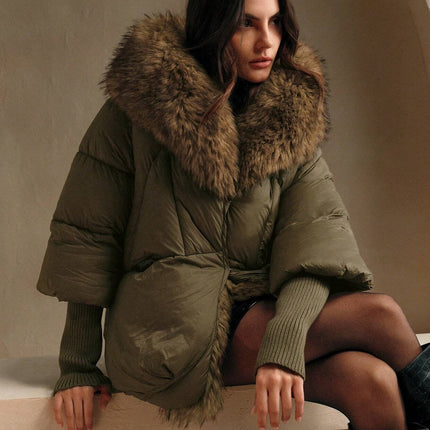 Women Oversized Hooded Winter Down Jacket Padded Coat with Fur Collar