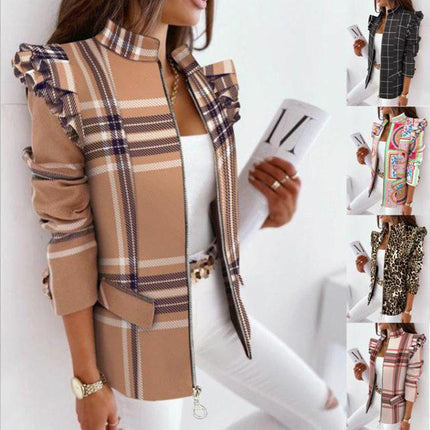 Women’s Printed Ruffle Zip Jacket Autumn Winter Long Sleeve Fashion Coat