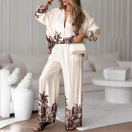 Women's Vintage Print Long Sleeve Shirt and Wide Leg Pants Summer Casual Suit
