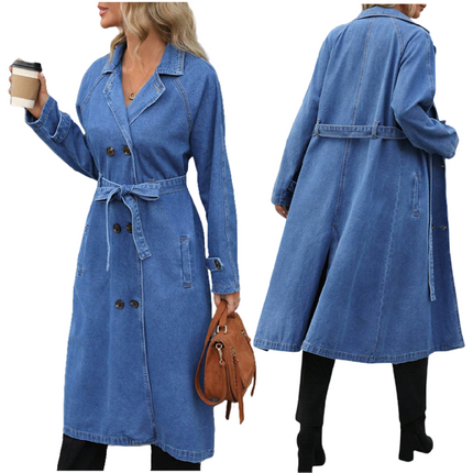 Women’s Long Denim Trench Jacket V-Neck Double Breasted with Belt