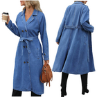 Women’s Long Denim Trench Jacket V-Neck Double Breasted with Belt