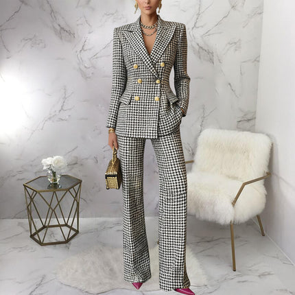 Women’s Plaid Blazer & Pants Suit Office Two-Piece Formal Set