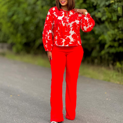 Women’s Office Two Piece Set Printed Long Sleeve Top Wide Leg Pants