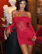 Women's Off Shoulder Lace Pleated Hip Wrap Summer Evening Party Dress