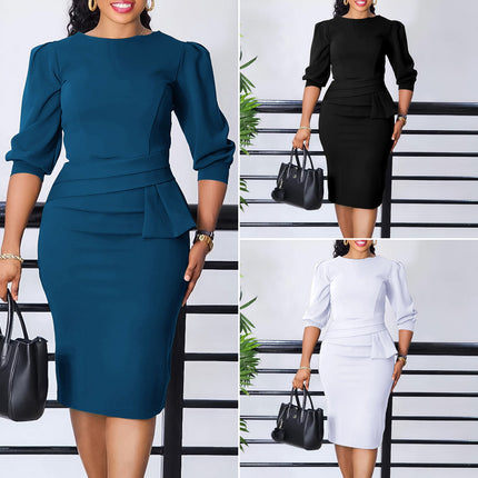 Elegant O-Neck Office Dress for Women Slim Fit Half Sleeve with Slit