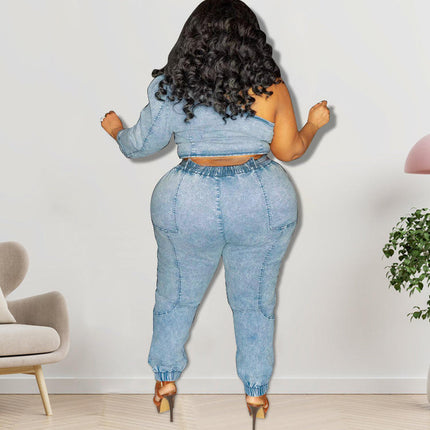 Plus Size One Shoulder Denim Set Women Light Blue Washed Jeans Outfit