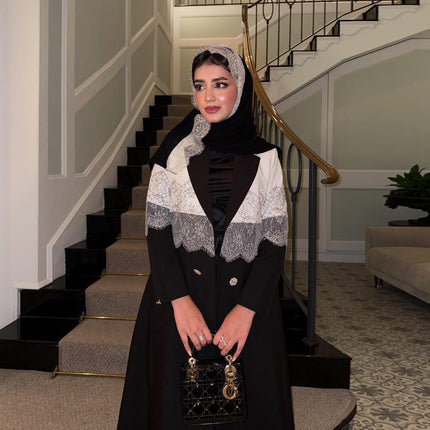 Modest Open Abaya for Women | Lace Cardigan Dubai Robe with Scarf