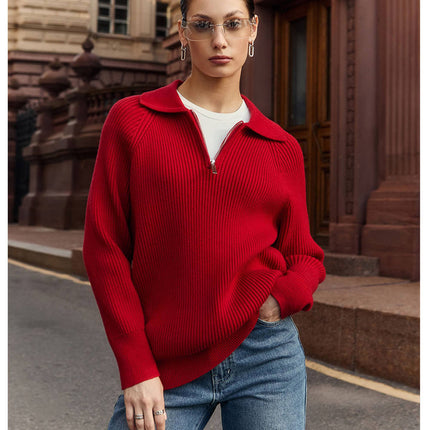 Women’s Oversized Polo Neck Zipper Knit Sweater Warm Autumn Winter