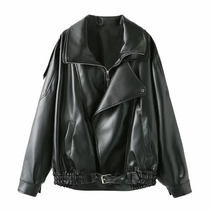 Women's Long Sleeve Zipper Lapel Leather Motorcycle Jacket Autumn Winter Casual Coat