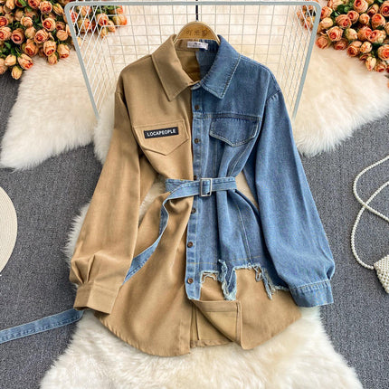 Korean Denim Shirt Dress for Women Slim Fit Corduroy Lapel Fall Style