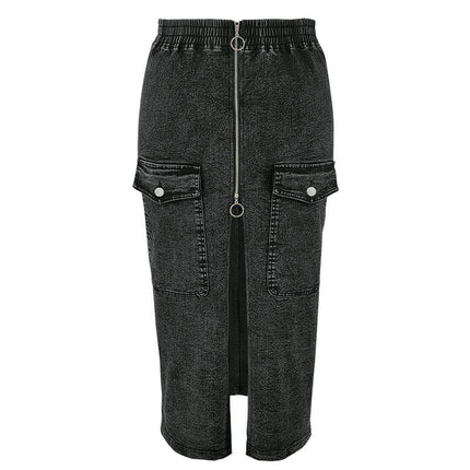 Plus Size Women Denim Maxi Skirt Elastic Waist Zipper Pocket Jean Skirt