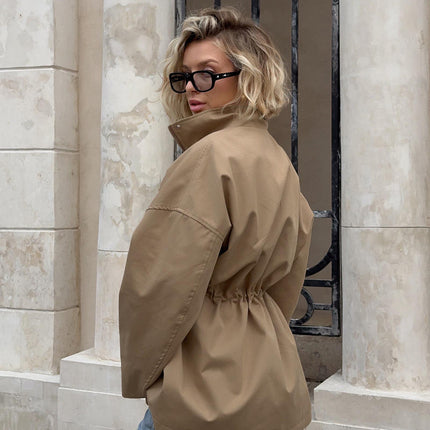 Women's Stand Collar Long Sleeve Zipper Trench Coat Casual Elegant Windbreaker