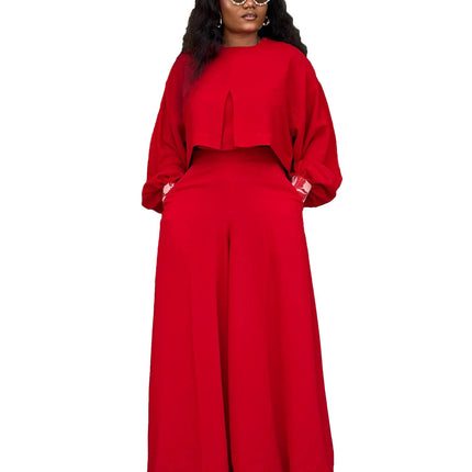 Plus Size Spring Two Piece Set O-Neck Top & Wide Leg Pants