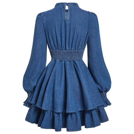 Women’s Denim Bow Dress Lantern Sleeve Slim Fit Casual Jeans Dress