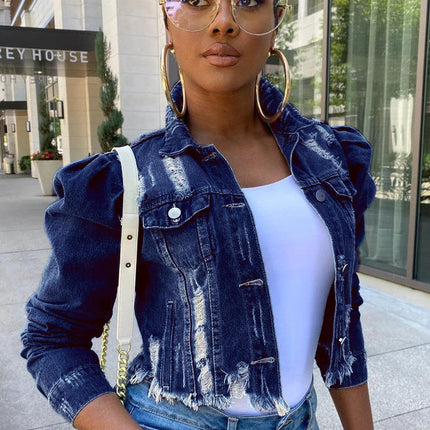 Women Ripped Denim Jacket Puff Sleeve Single Breasted Autumn Coat