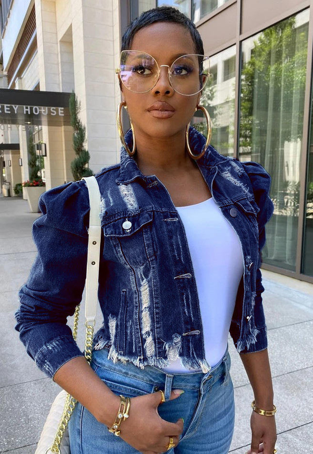 Women Ripped Denim Jacket Puff Sleeve Single Breasted Autumn Coat