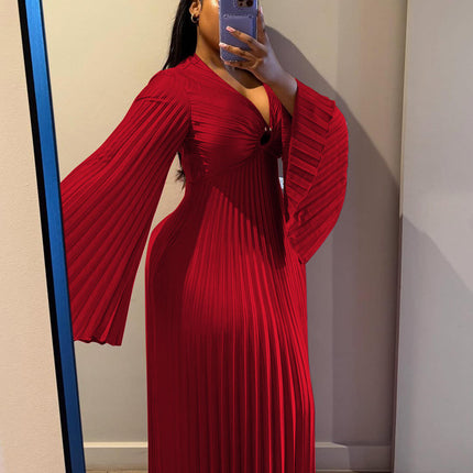 Plus Size Women’s V-Neck A-Line Dress Long Sleeve Solid Color