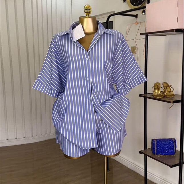Women’s Blue White Striped Shirt and Wide Leg Shorts Summer Set